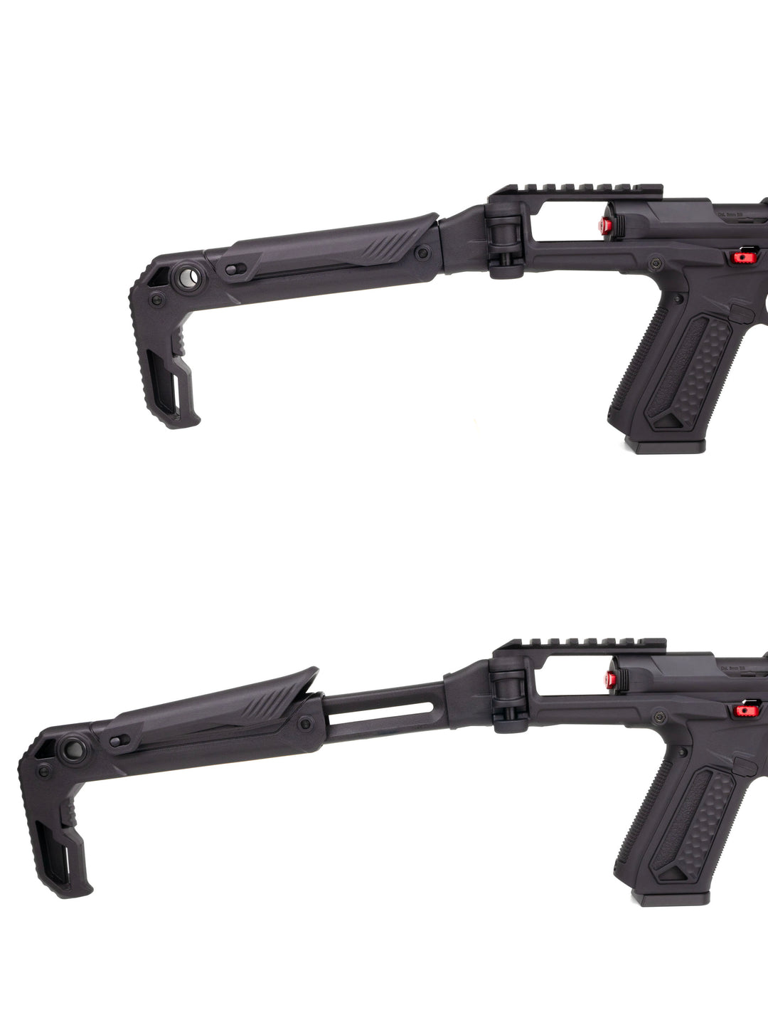 aap-01 folding stock in locked position vs AAP-01 folding stock in fully extended position