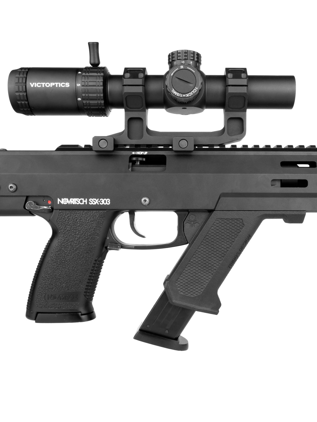 side view of ssx303 airsoft rifle with angled spare mag grip holder installed and victoptics scope on top