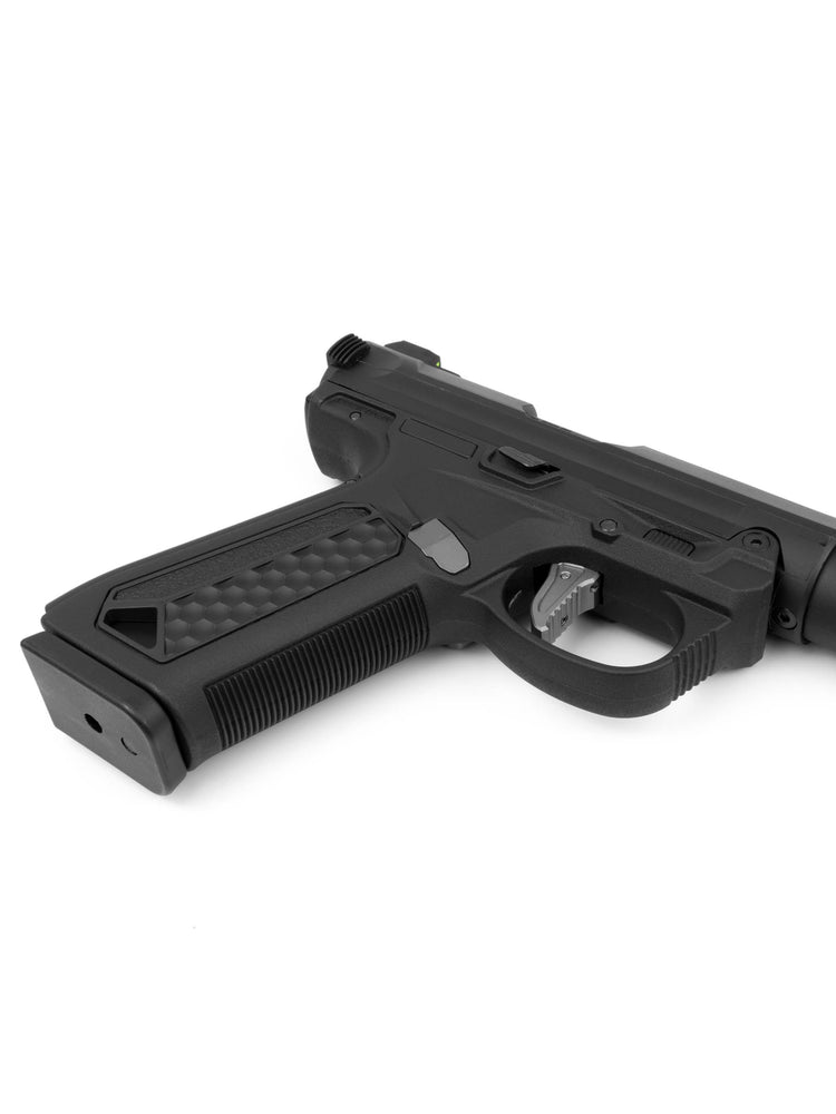 gray AAP-01 cnc machined magazine release button from back side#color_gray