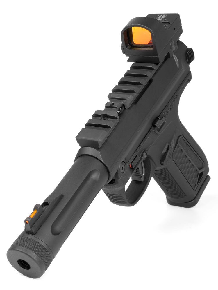 black cnc machined top rail mounted on aap-01 with a mounted red dot and access hole for TDC thumbscrew#size_short