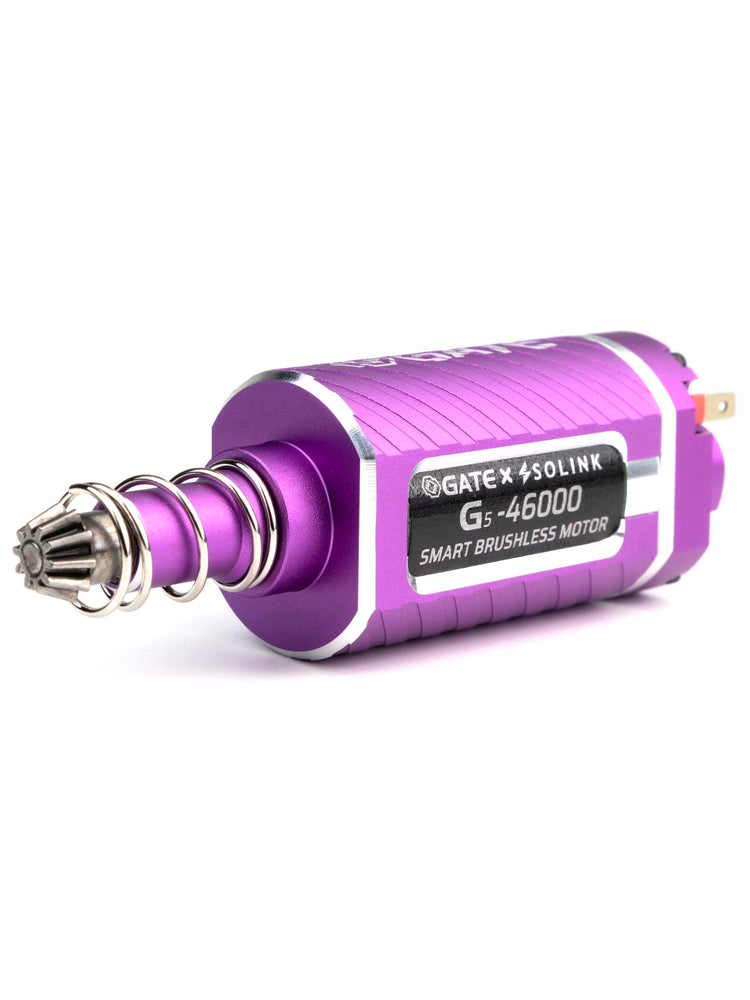 Gate G5 Smart brushless airsoft motor long type showing its pinion gear with d-shaft