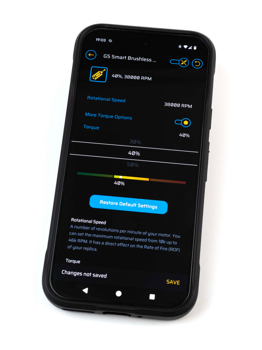 GCS app showing configuration options like speed and torque for Gate G5 Smart Brushless motor