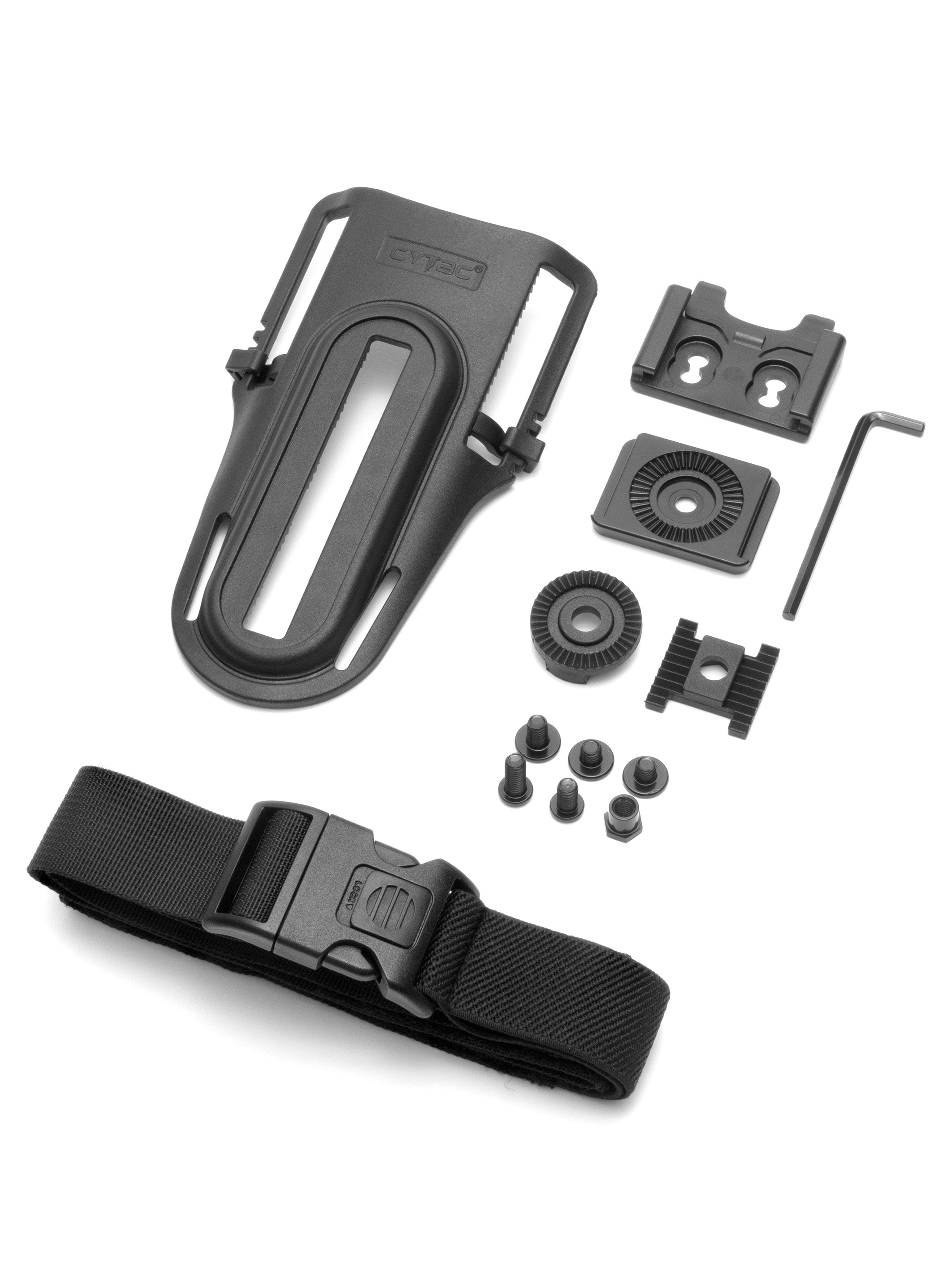 all the parts that come included with cytac drop leg platform for airsoft players. comes with quick release mechanism, amomax style mount wheel and necessary screws and strap to use the holster platform.