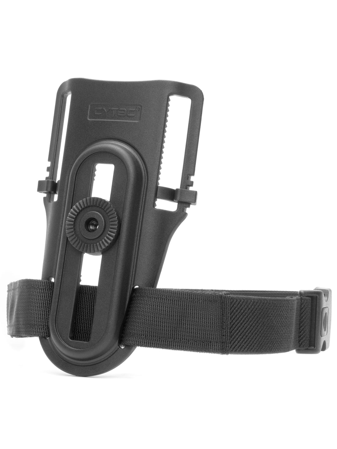 Black tactical belt drop-leg with an integrated quick-release buckle and a black webbing strap