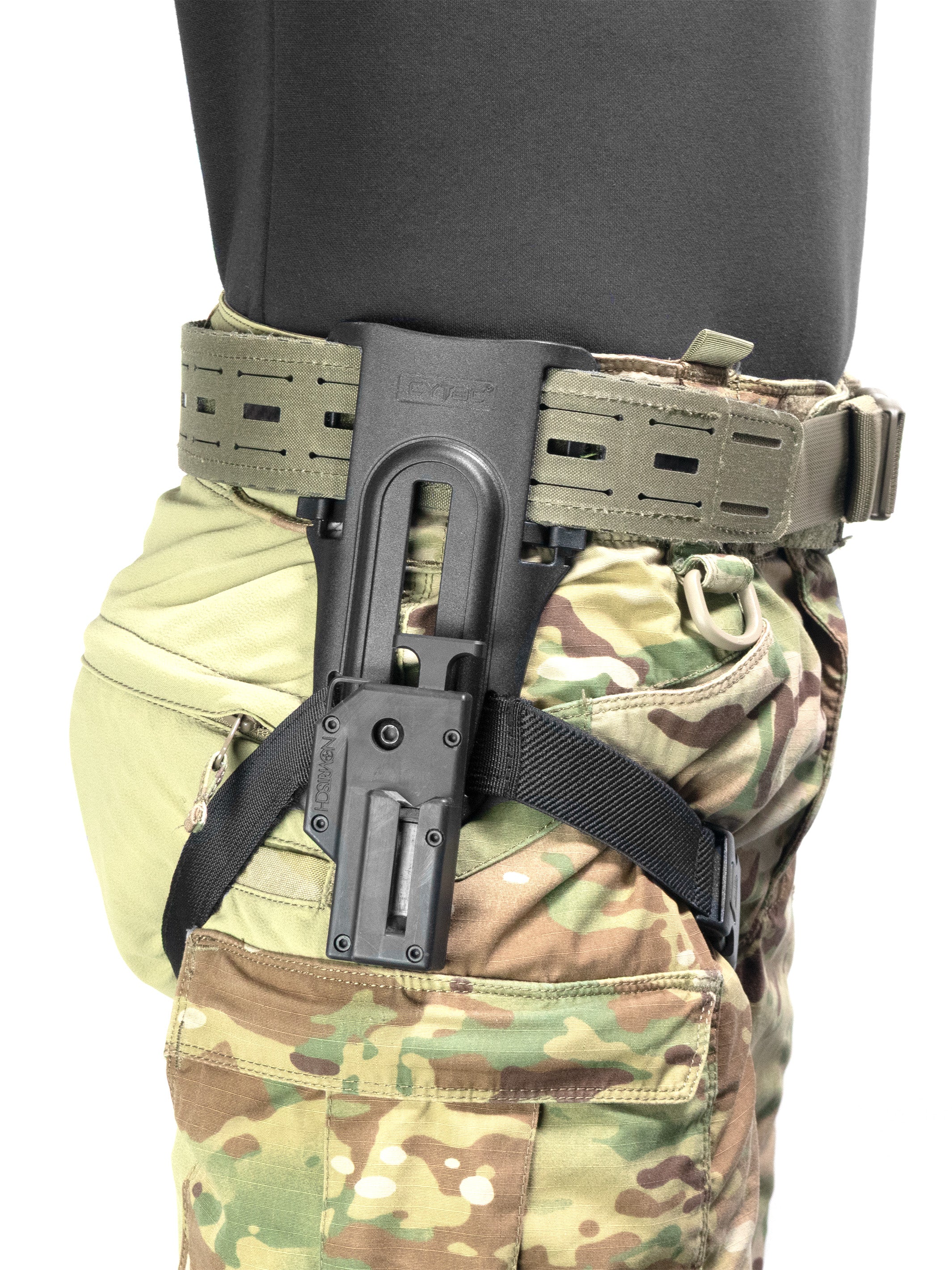 cytac drop leg / low ride belt loop platform for airsoft holsters mounted on player's hip and strapped over the leg using stretchable strap.