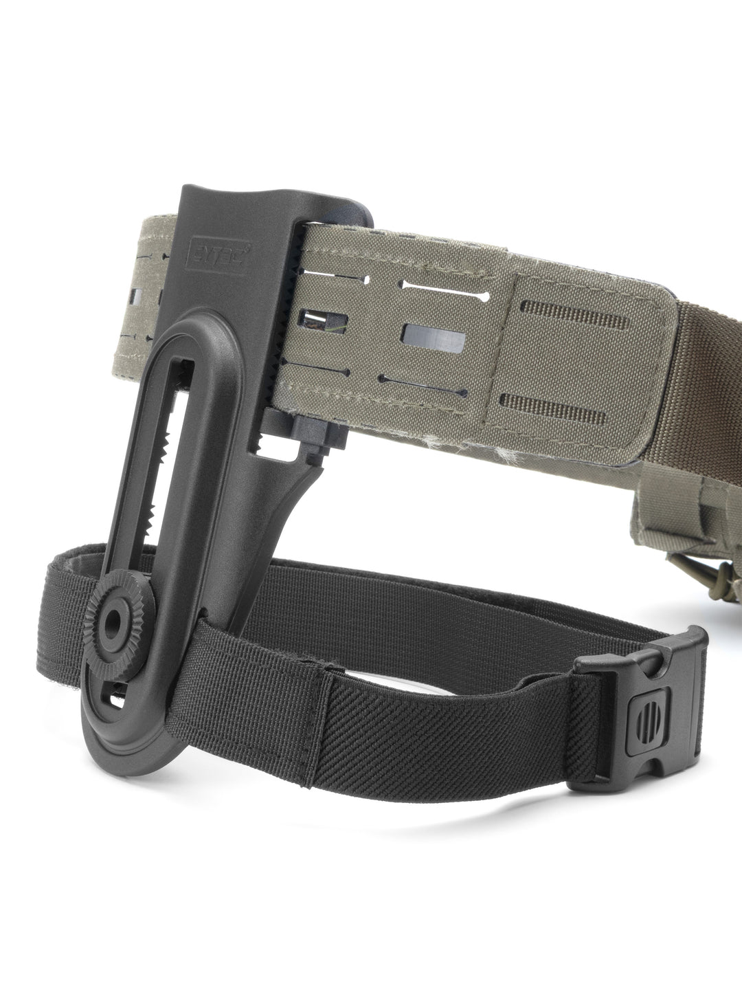 A tactical templars gear belt with a black cytac drop-leg holster platform and black webbing strap, shown on a white background.
