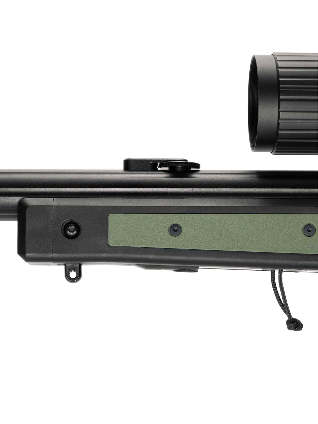 Side profile view of the SSG11 mag release protective cover installed on the replica