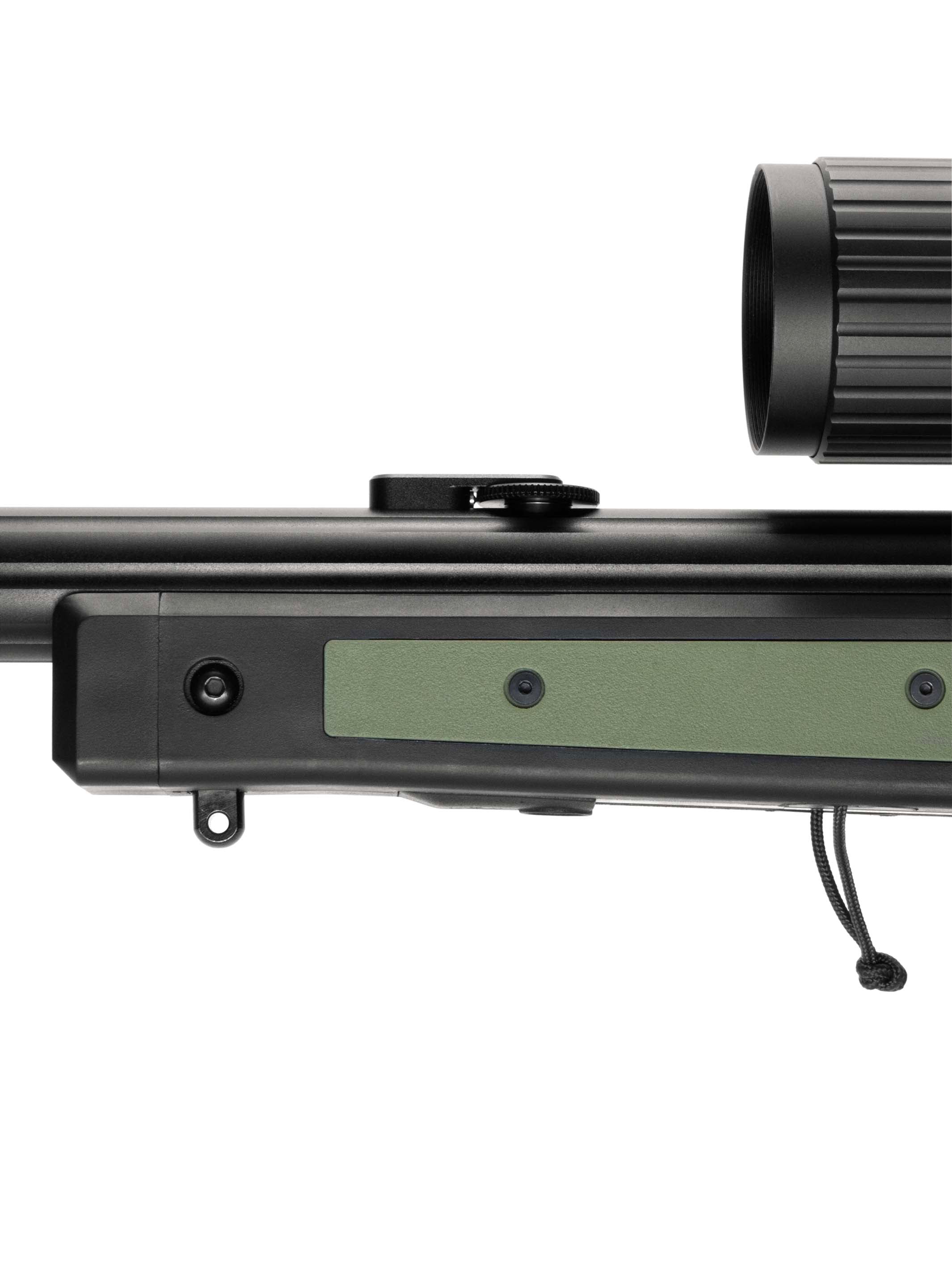 Side profile view of the SSG11 mag release protective cover installed on the replica