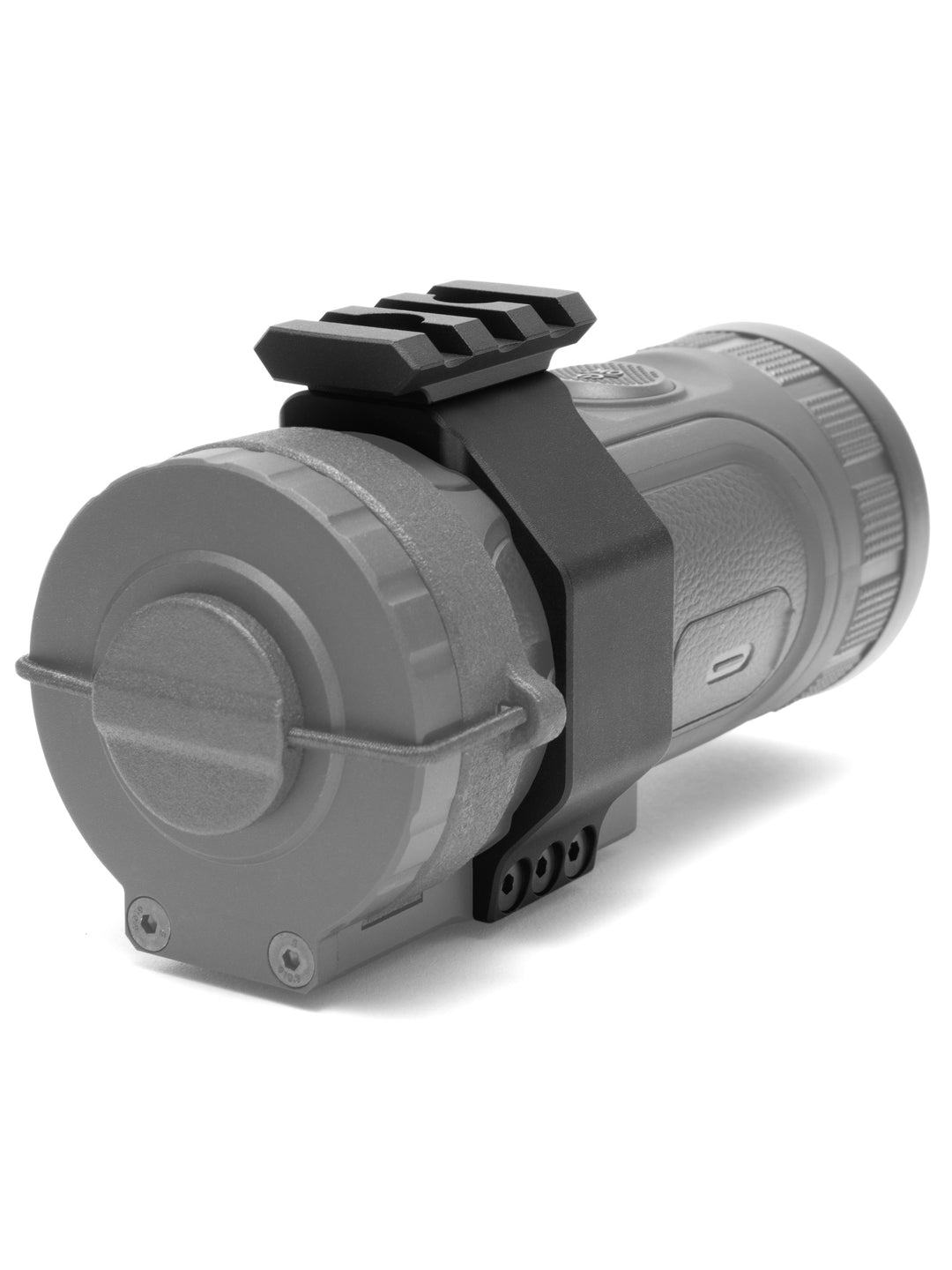 Top mount with picatinny rail fitted around a thermal monocular protector, monocular greyed out