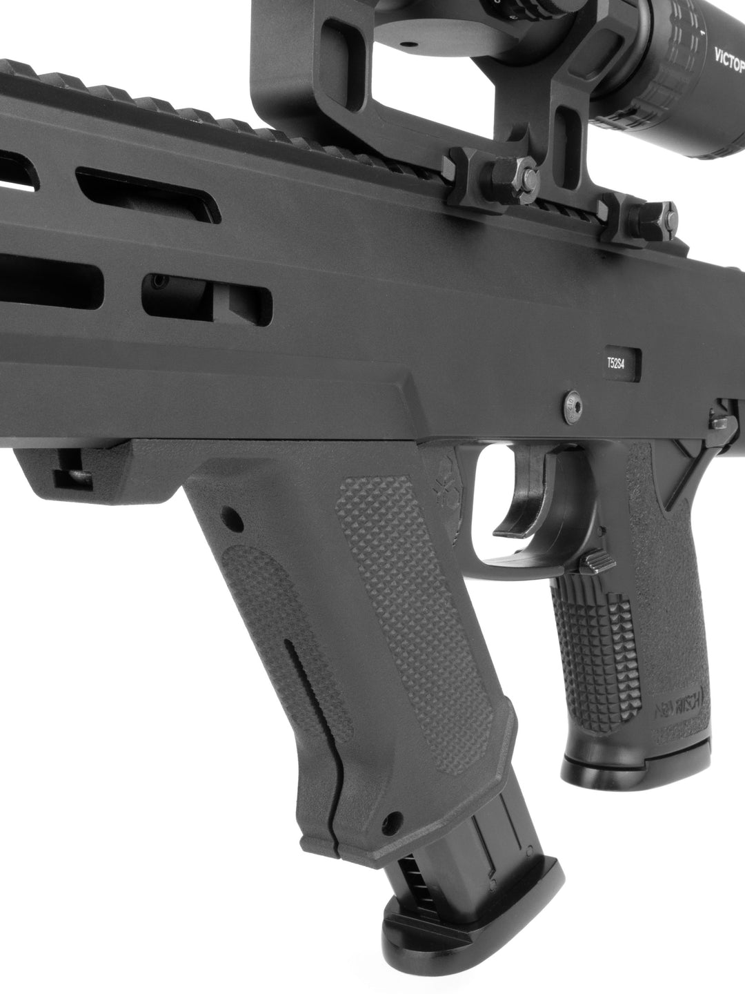 close-up of angled spare mag grip  installed on SSX303 airsoft replica
