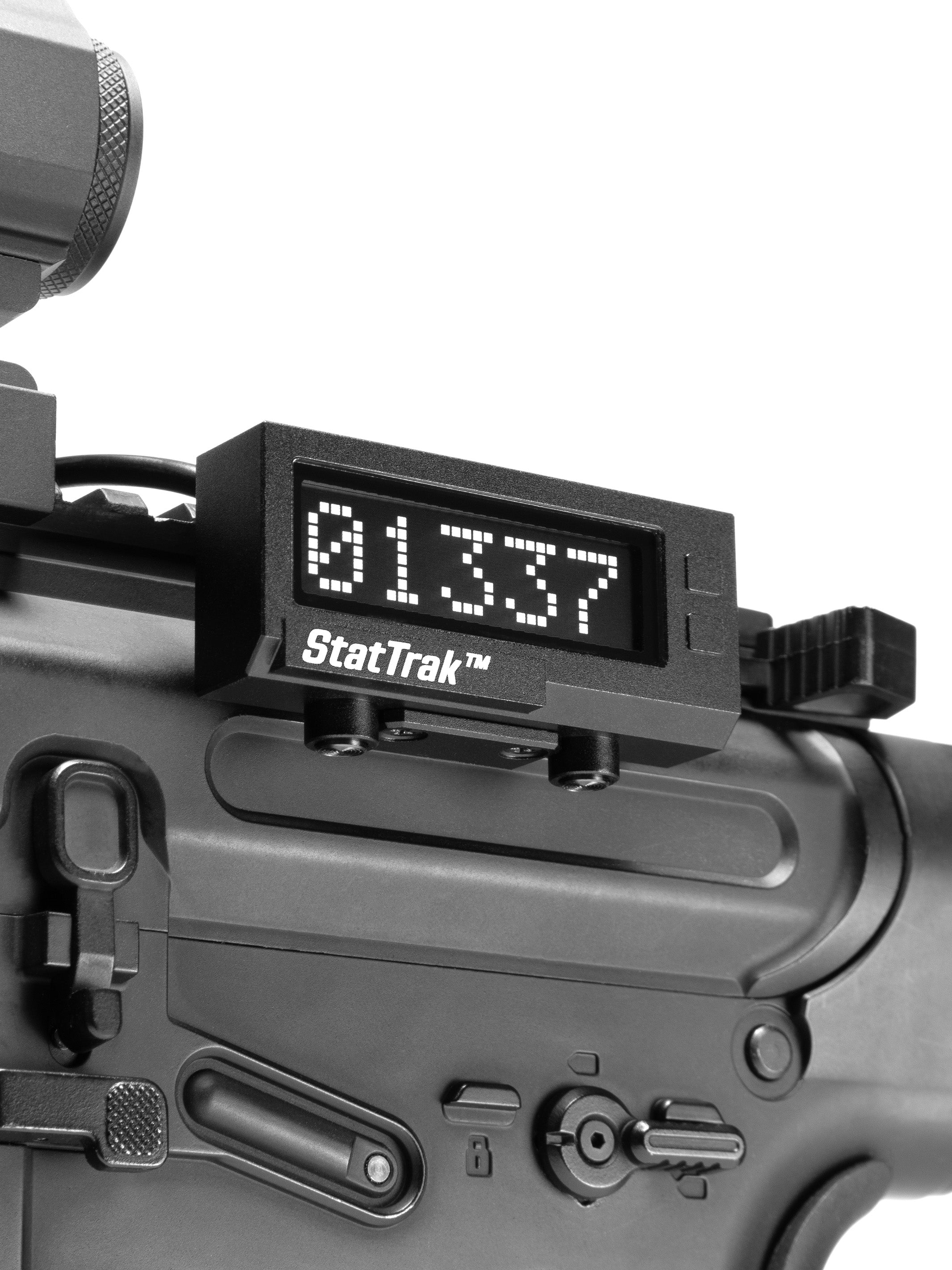 Side view of the StatTrak kill counter reading 01337 on an airsoft AR-15 style receiver rail
