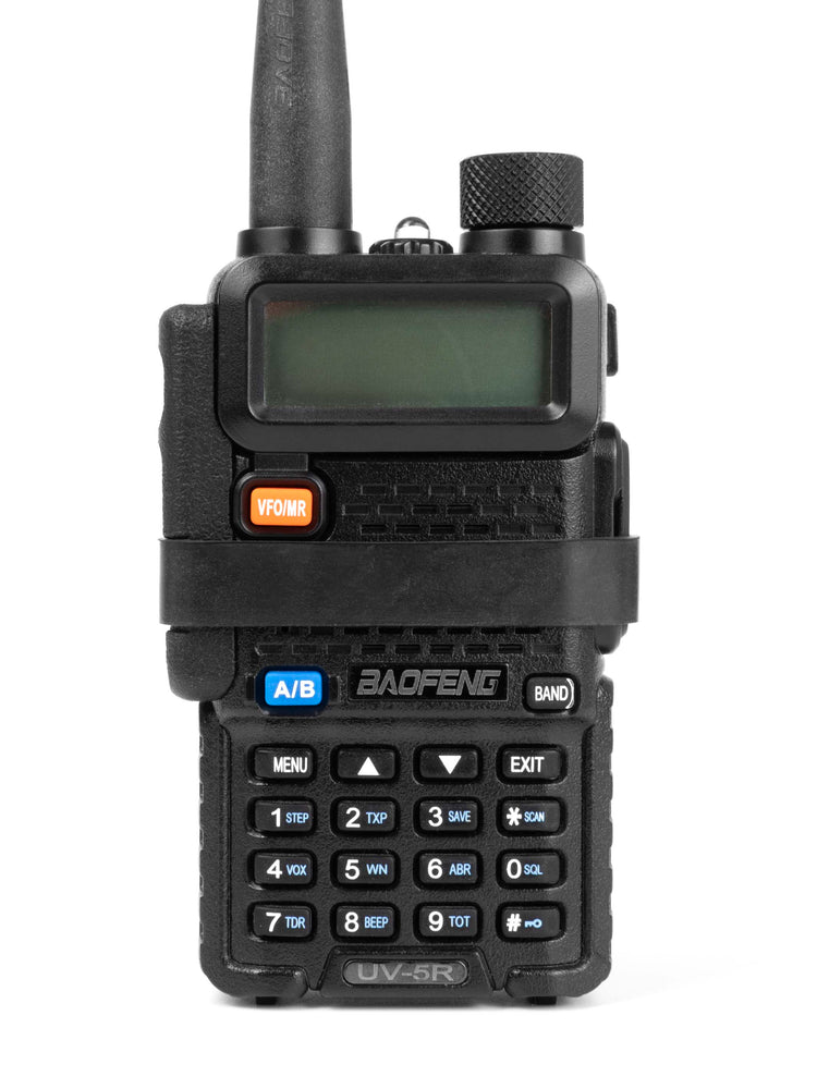 Baofeng UV-5R with PTT guard, o-ring volume dial and rubber band installed, front view.