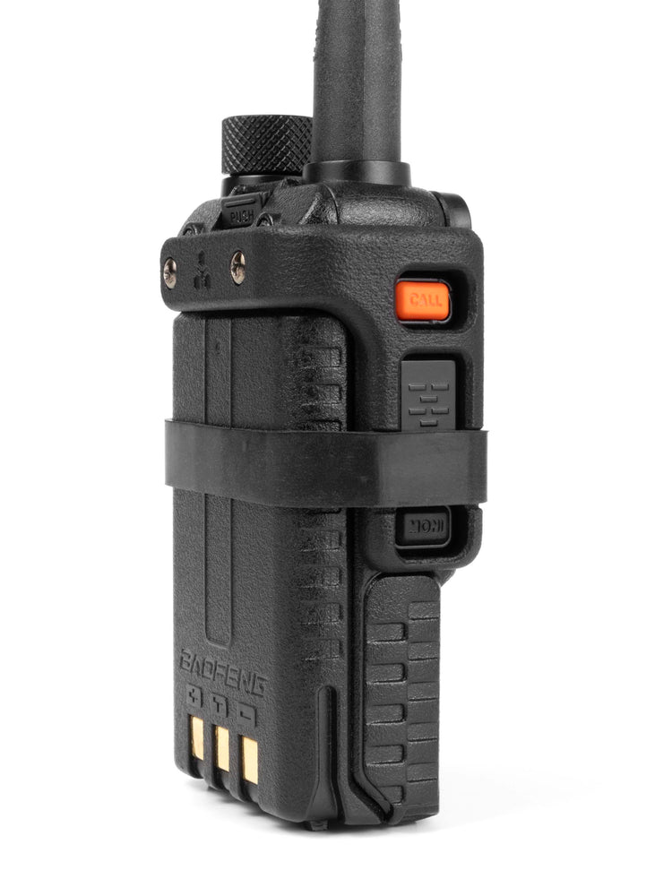 Baofeng UV-5R with PTT guard installed showing recessed buttons that can still be pressed if needed.