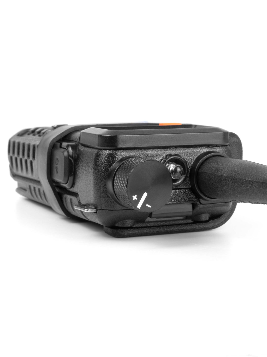 Baofeng UV-5R with upgraded aluminum knurled volume dial that has a laser etching showing which direction volume can be increased or decreased.