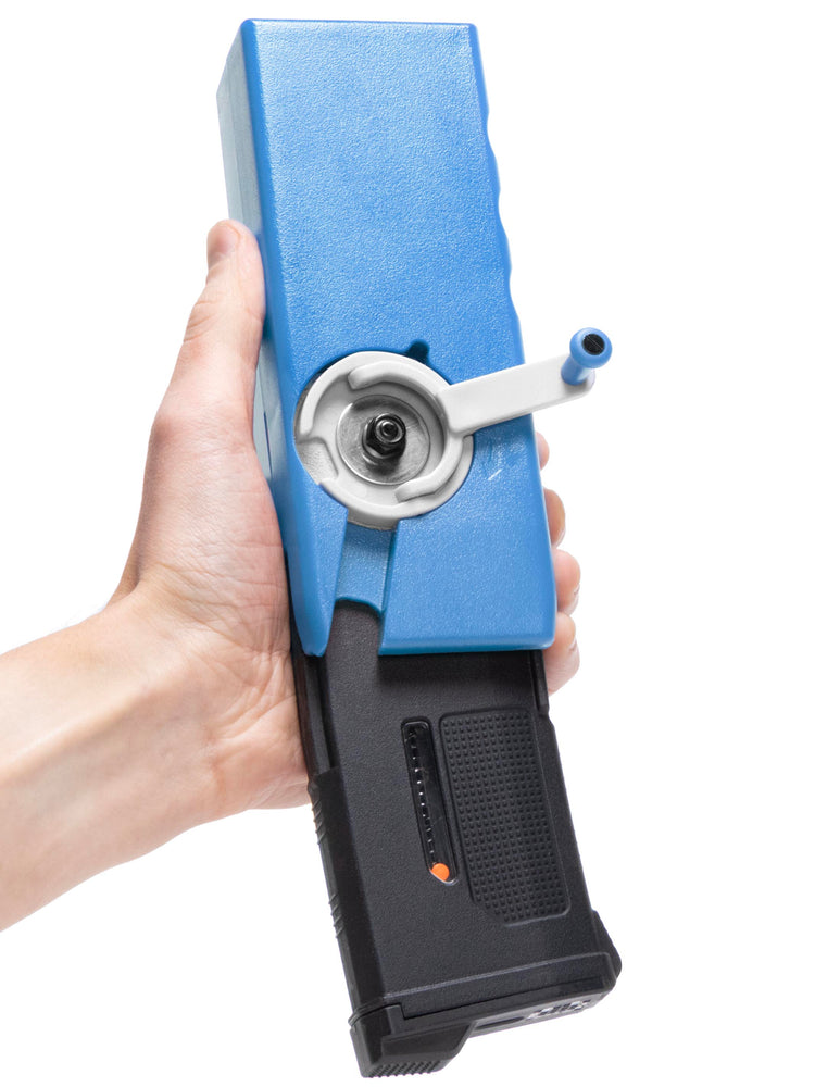 EMG ODIN M12 sidewinder speedloader filling an airsoft PTS EPM1S magazine#color_blue