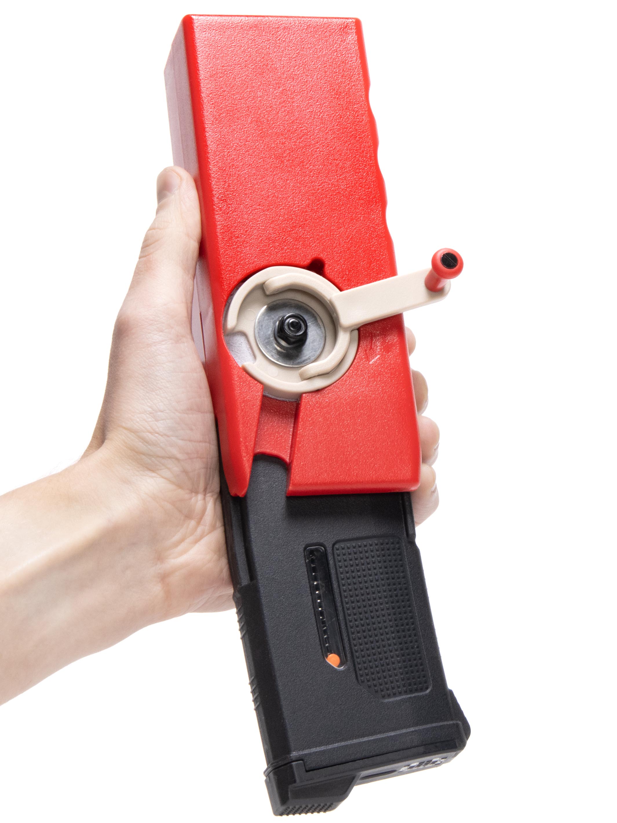 EMG ODIN M12 sidewinder speedloader filling an airsoft PTS EPM1S magazine#color_red