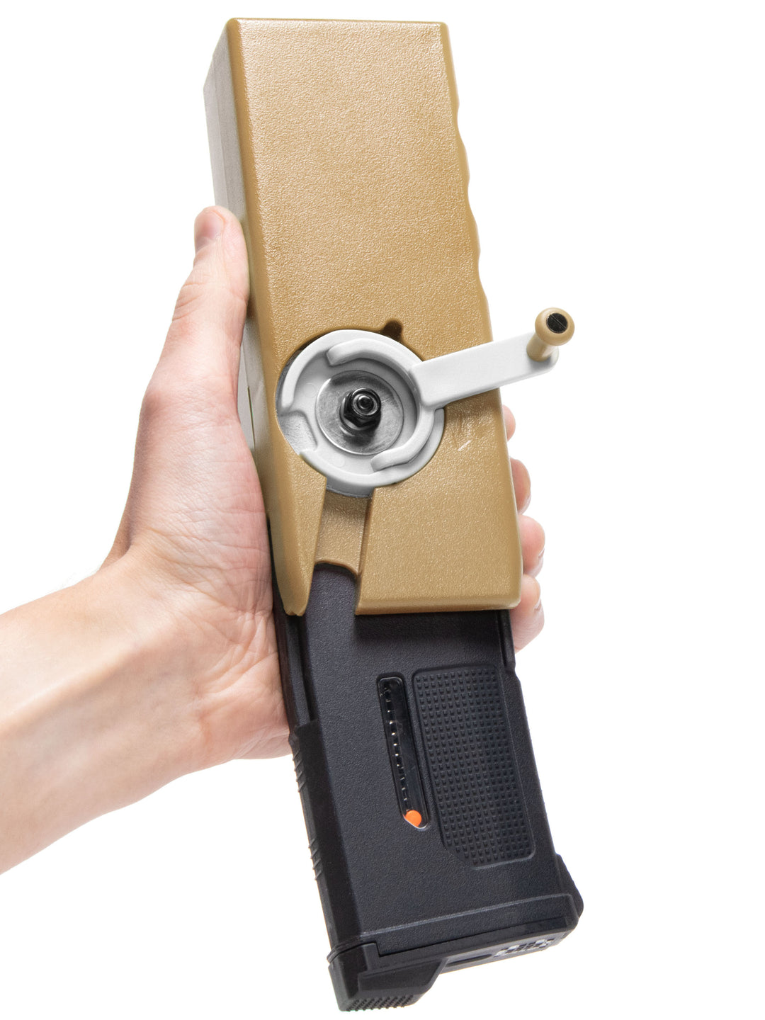 EMG ODIN M12 sidewinder speedloader filling an airsoft PTS EPM1S magazine#color_dark-earth