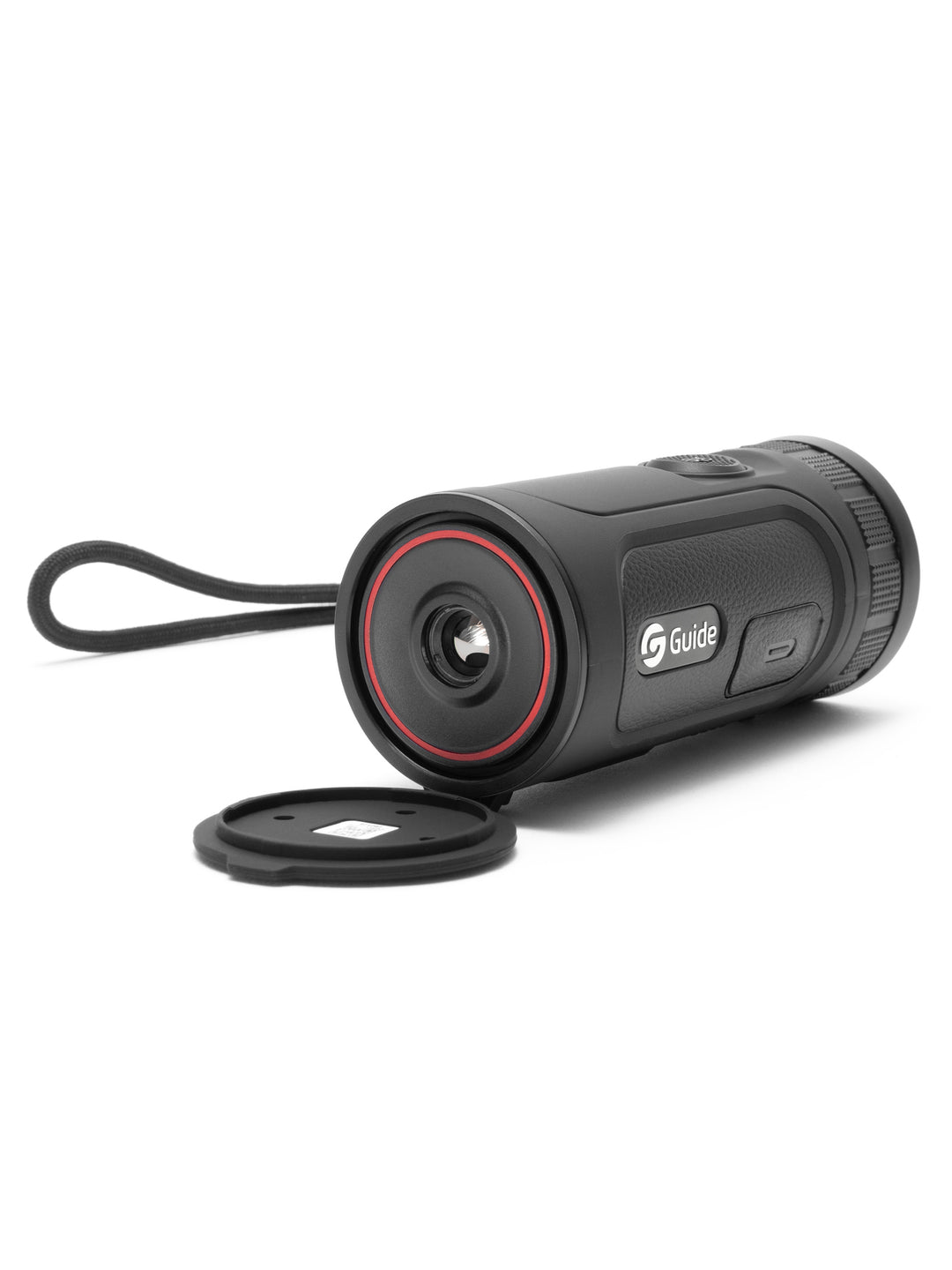 Objective lens of the Guide TE210MS thermal monocular, cap removed and wrist lanyard fitted