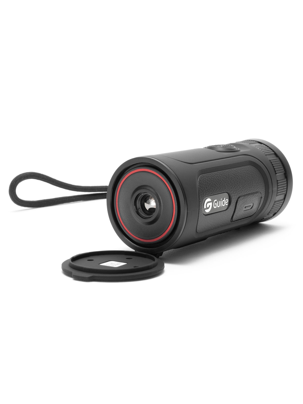 Objective lens of the Guide TE210MS thermal monocular, cap removed and wrist lanyard fitted