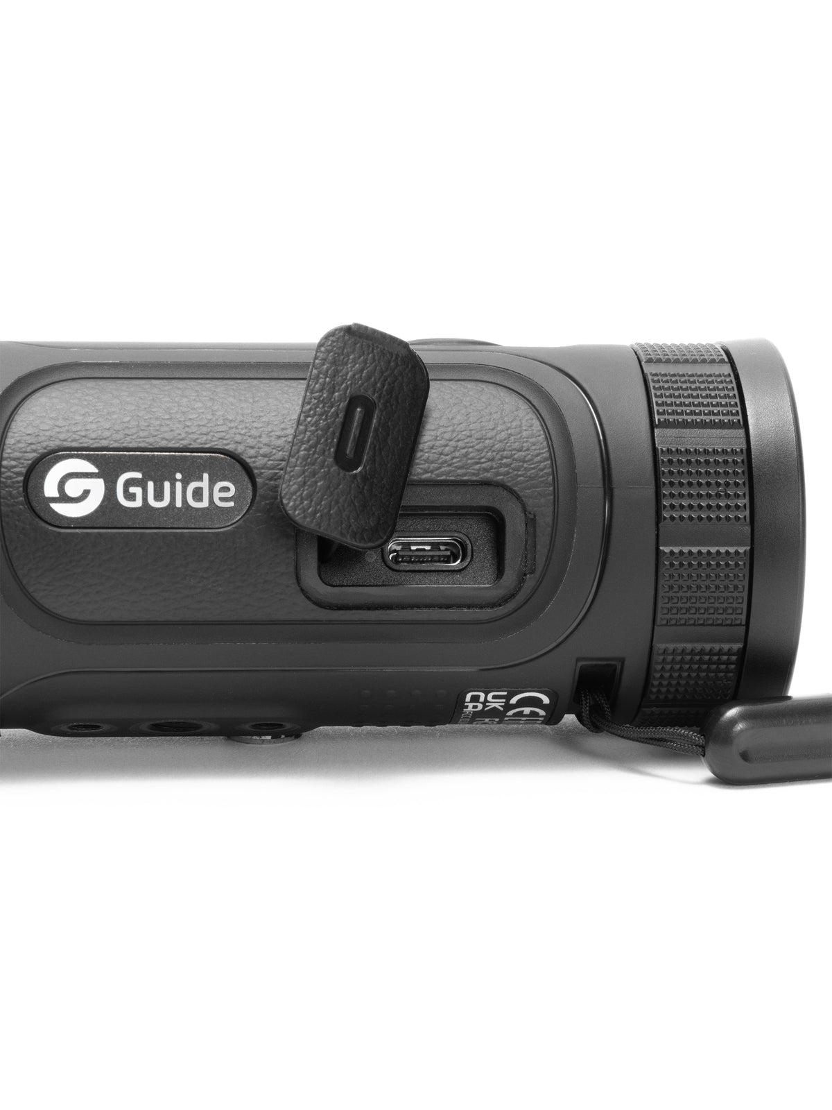USB-C charging port of the Guide TE210MS thermal monocular under its weather-sealed flap