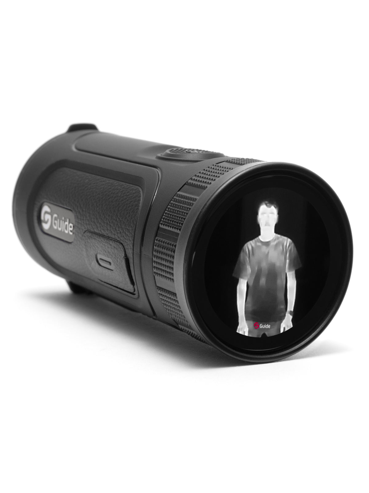 The Guide TE210MS in the bundle, showing a white-hot figure in its viewfinder