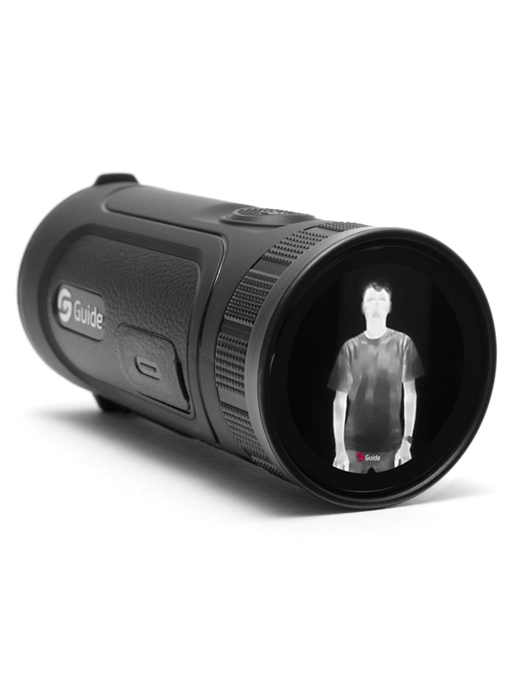 The Guide TE210MS in the bundle, showing a white-hot figure in its viewfinder