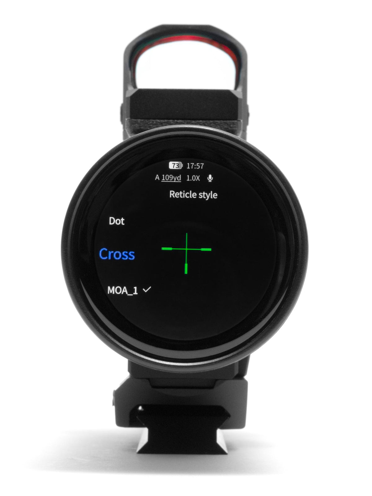 Monocular screen showing the reticle style menu with Dot and Cross options, Cross selected and displayed in green on TE211M Guide monocular.
