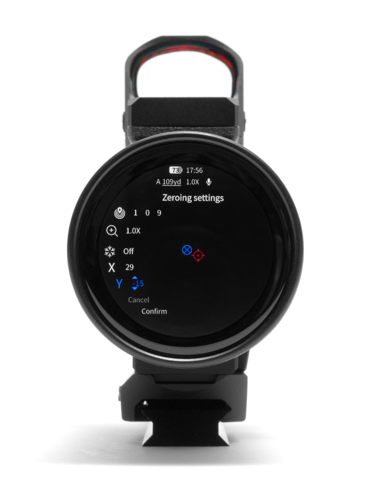 Monocular screen showing the zeroing settings menu with X and Y coordinate values and a Confirm option on TE211M Guide monocular.