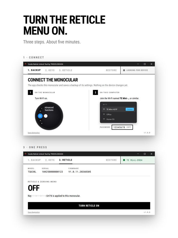 Three step window showing Wi-Fi connection to the monocular and the final one press screen to turn the reticle menu on for Guide thermal monoculars.
