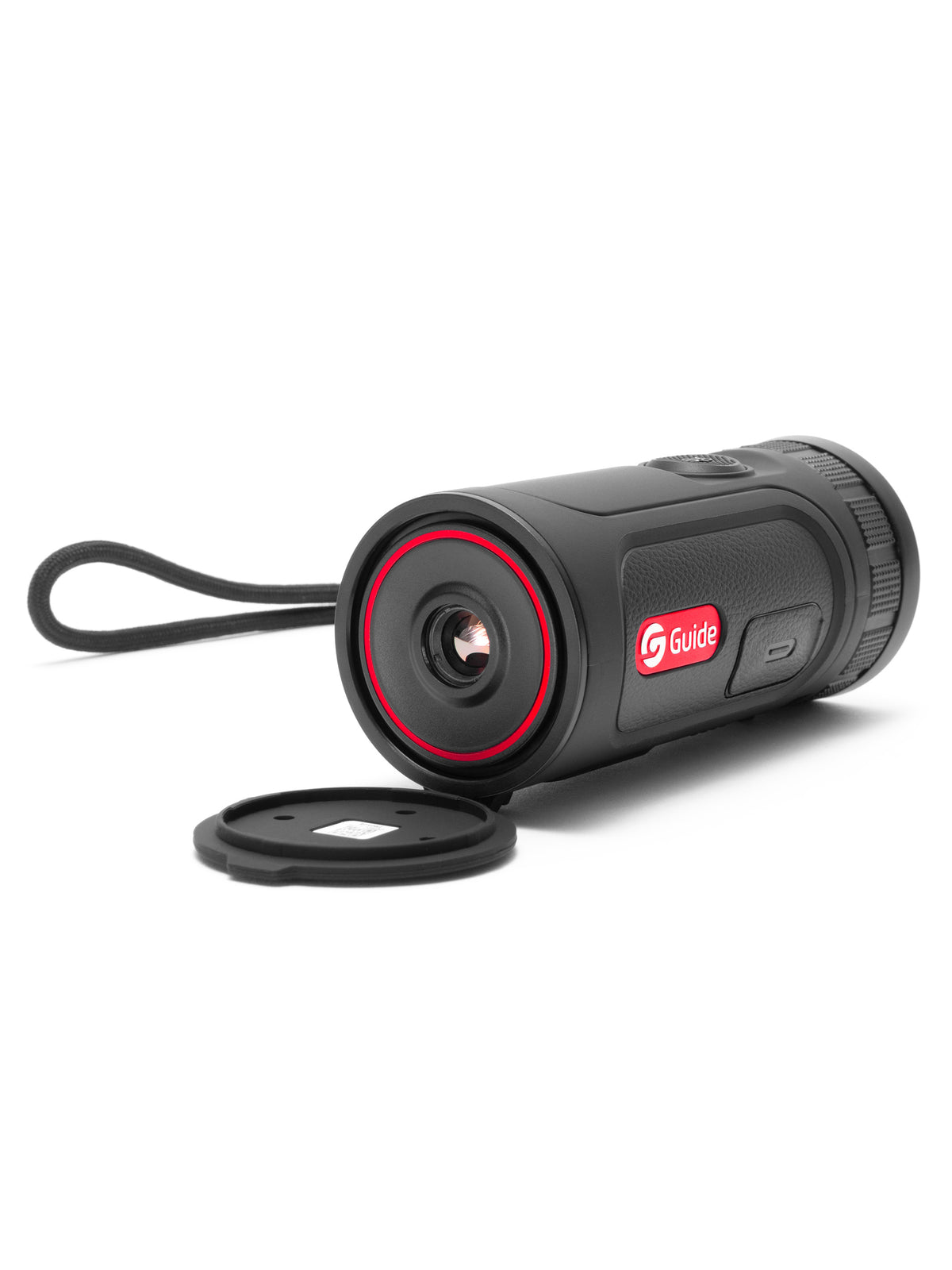 Front lens of the Guide TE211M with red ring detailing, wrist strap, and lens cap removed beside it