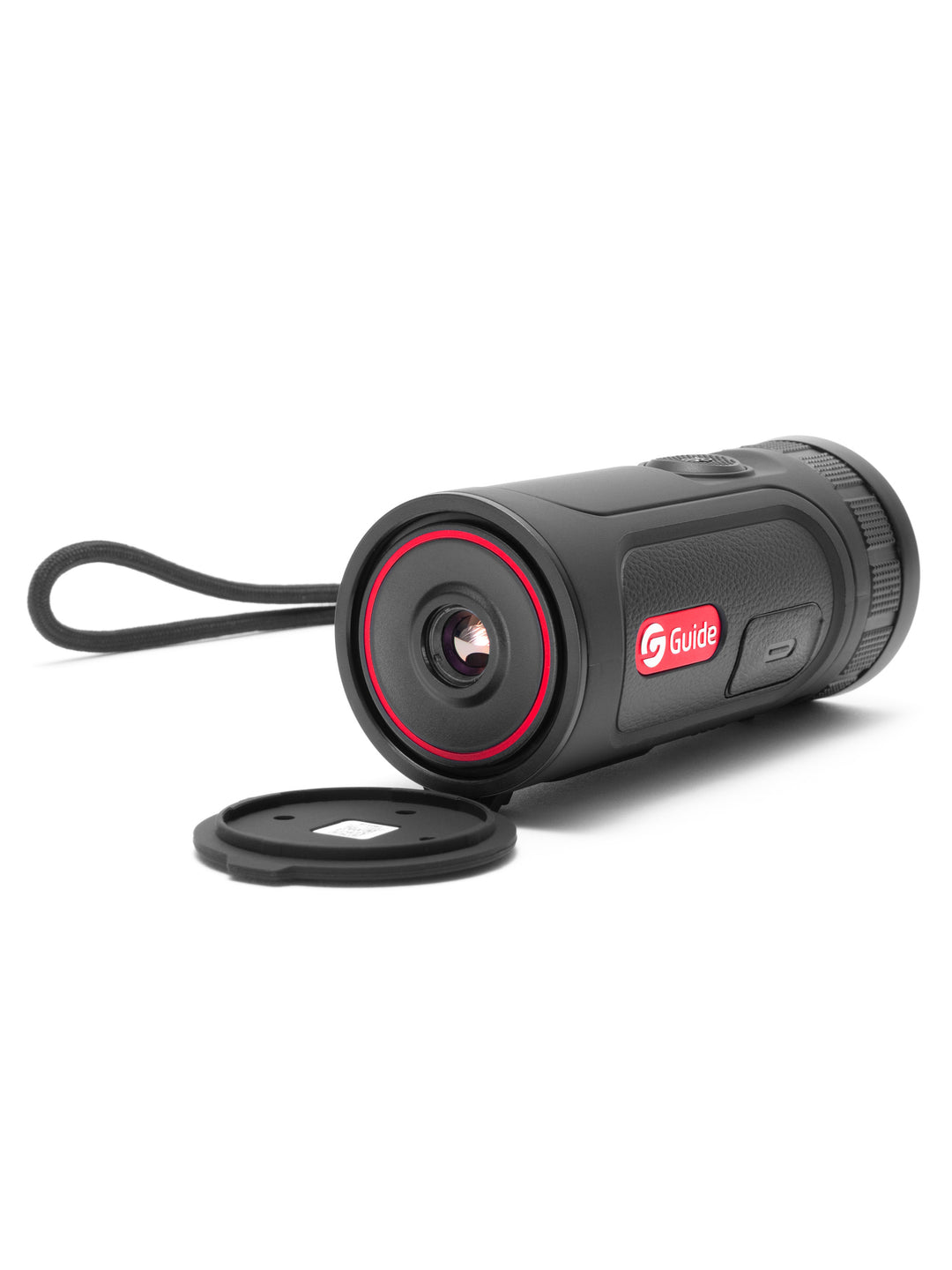 Objective lens of the Guide TE211M thermal monocular, cap removed and wrist lanyard fitted
