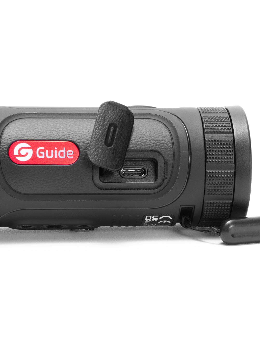 USB-C charging port of the Guide TE211M thermal monocular under its weather-sealed flap