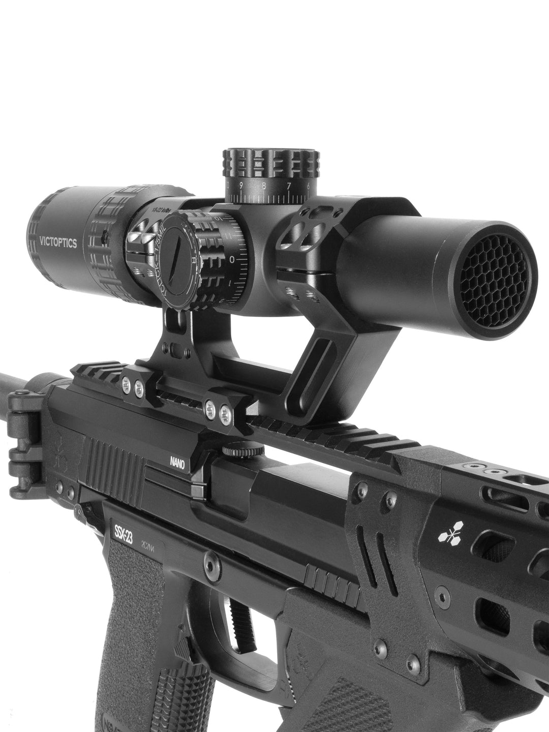 The mount holding a Victoptics scope clear above an SSX23 Nano Carbine rail