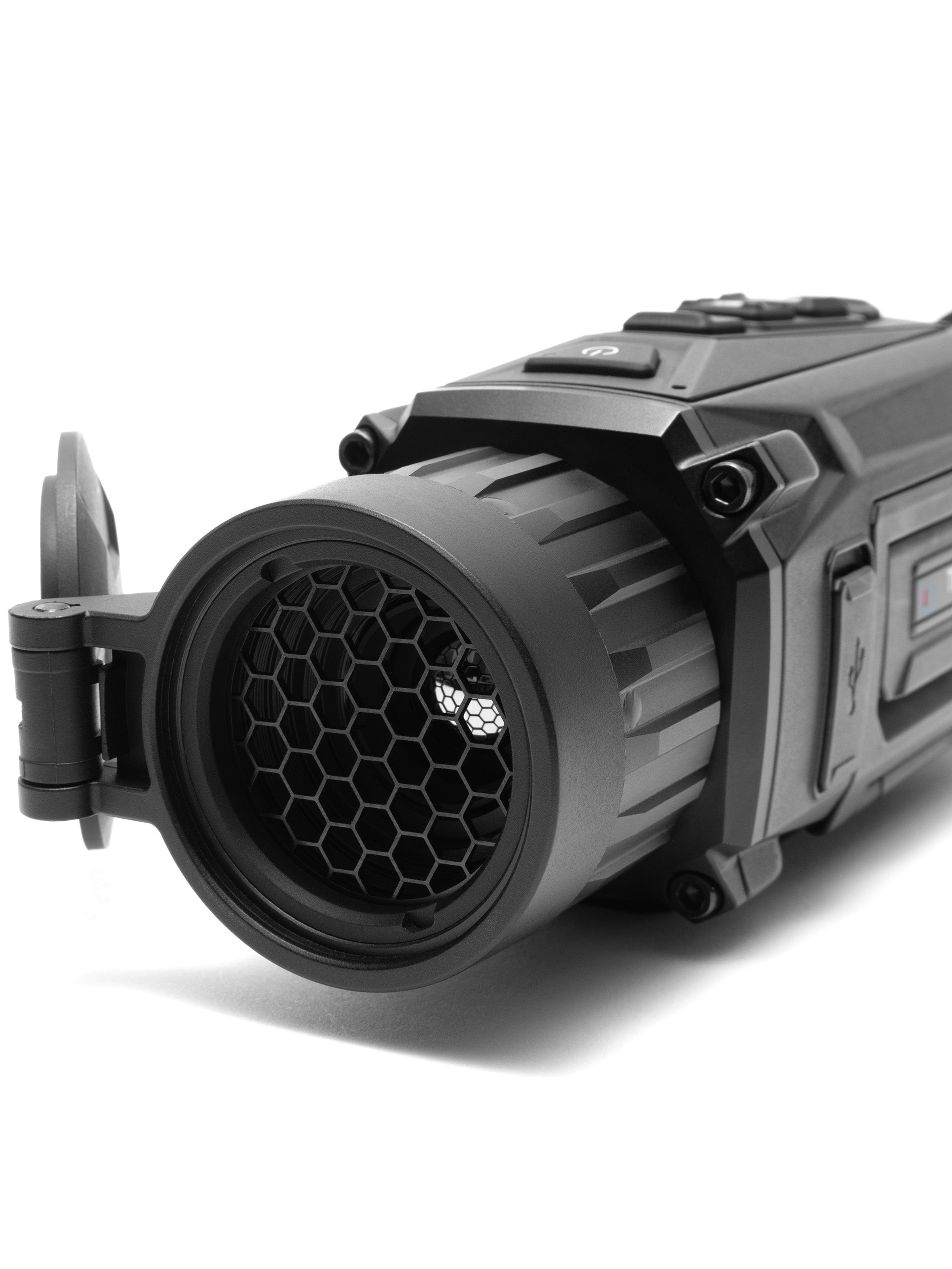 Titanium mesh protector installed on the objective lens of a Hikmicro Thunder 2.0 thermal scope