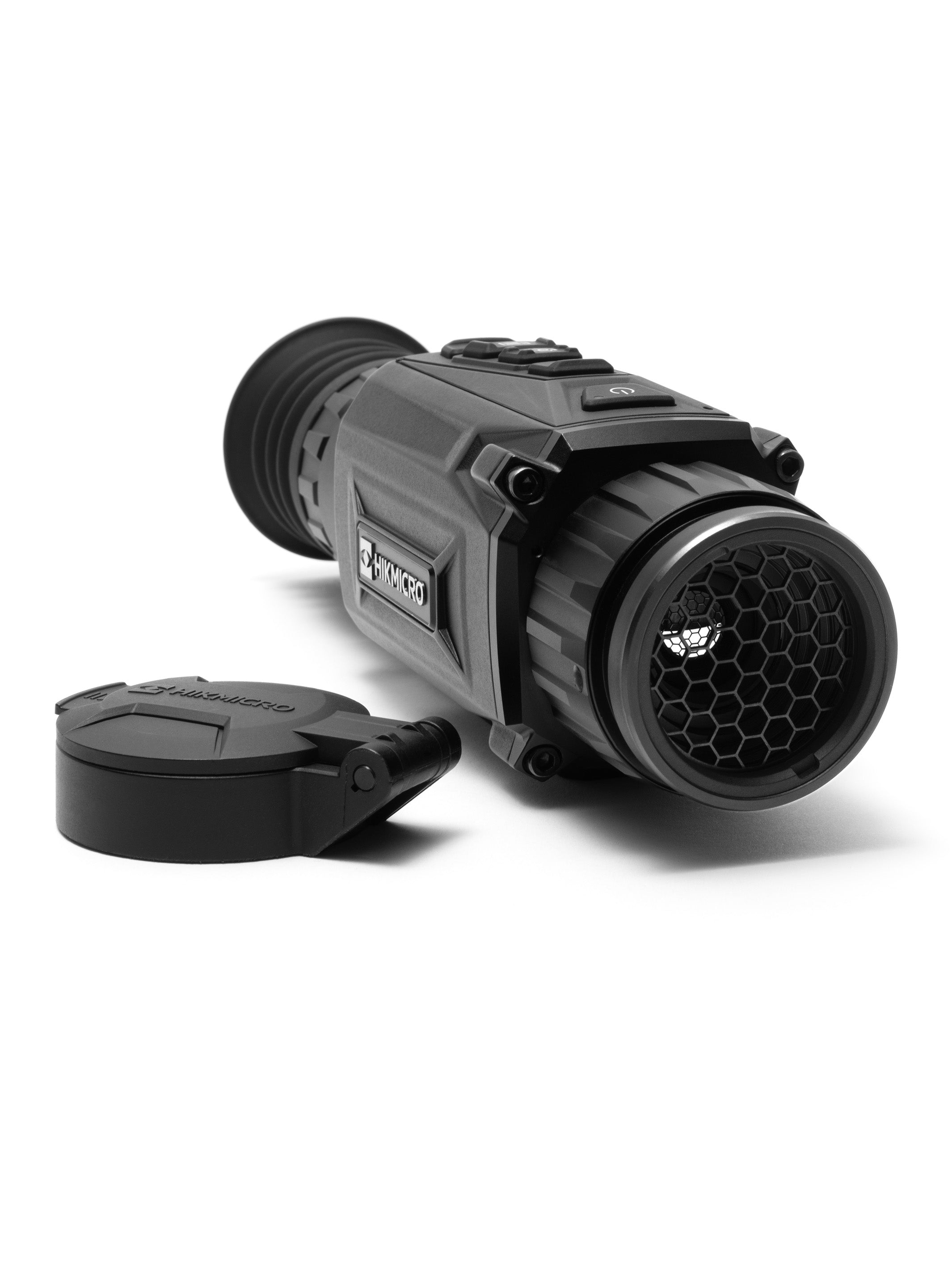 Full view of a Hikmicro Thunder 2.0 thermal scope fitted with the BB-proof titanium mesh protector