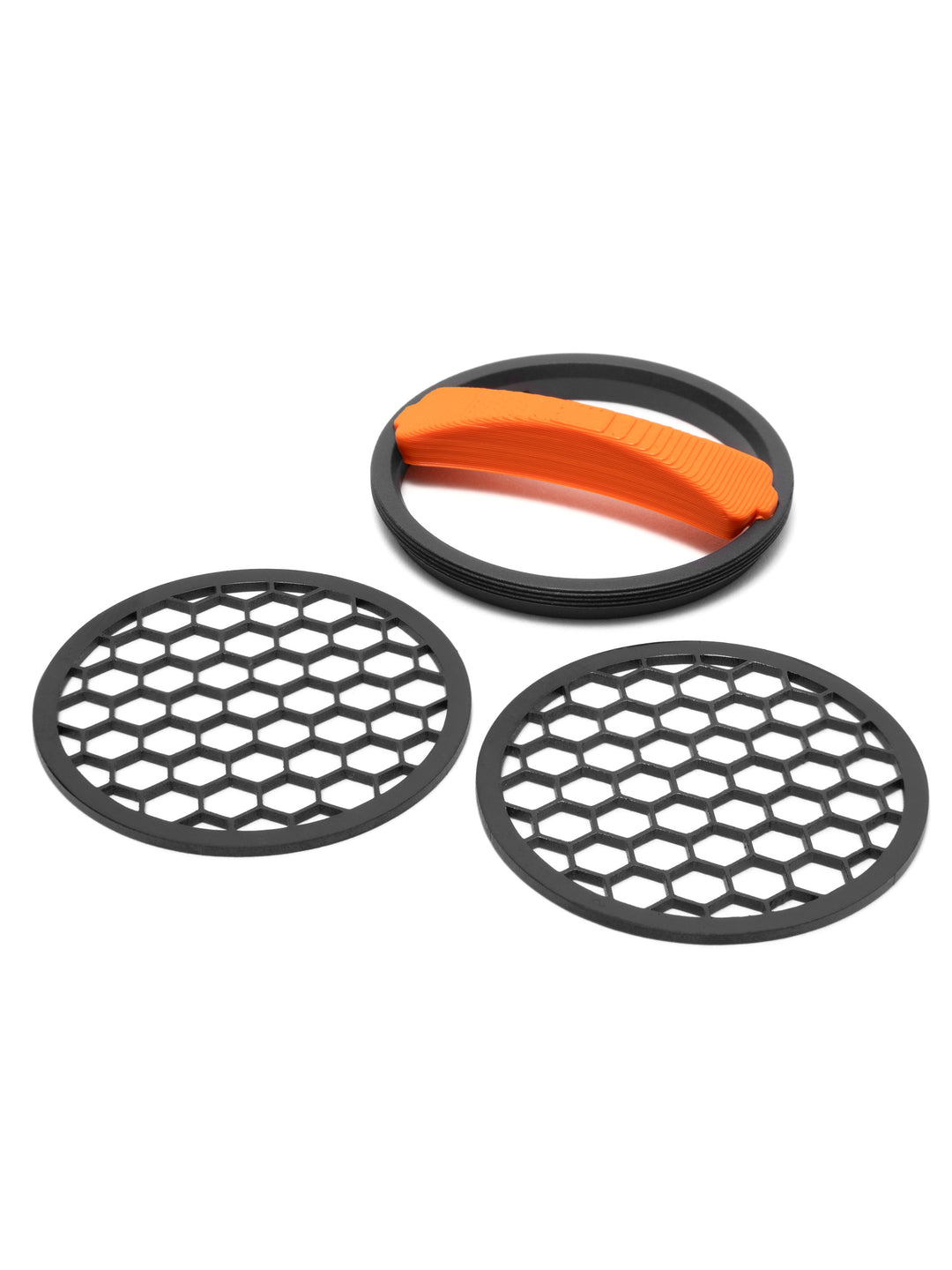 Two titanium mesh protector discs with mounting ring and orange install tool for Hikmicro Thunder 2.0