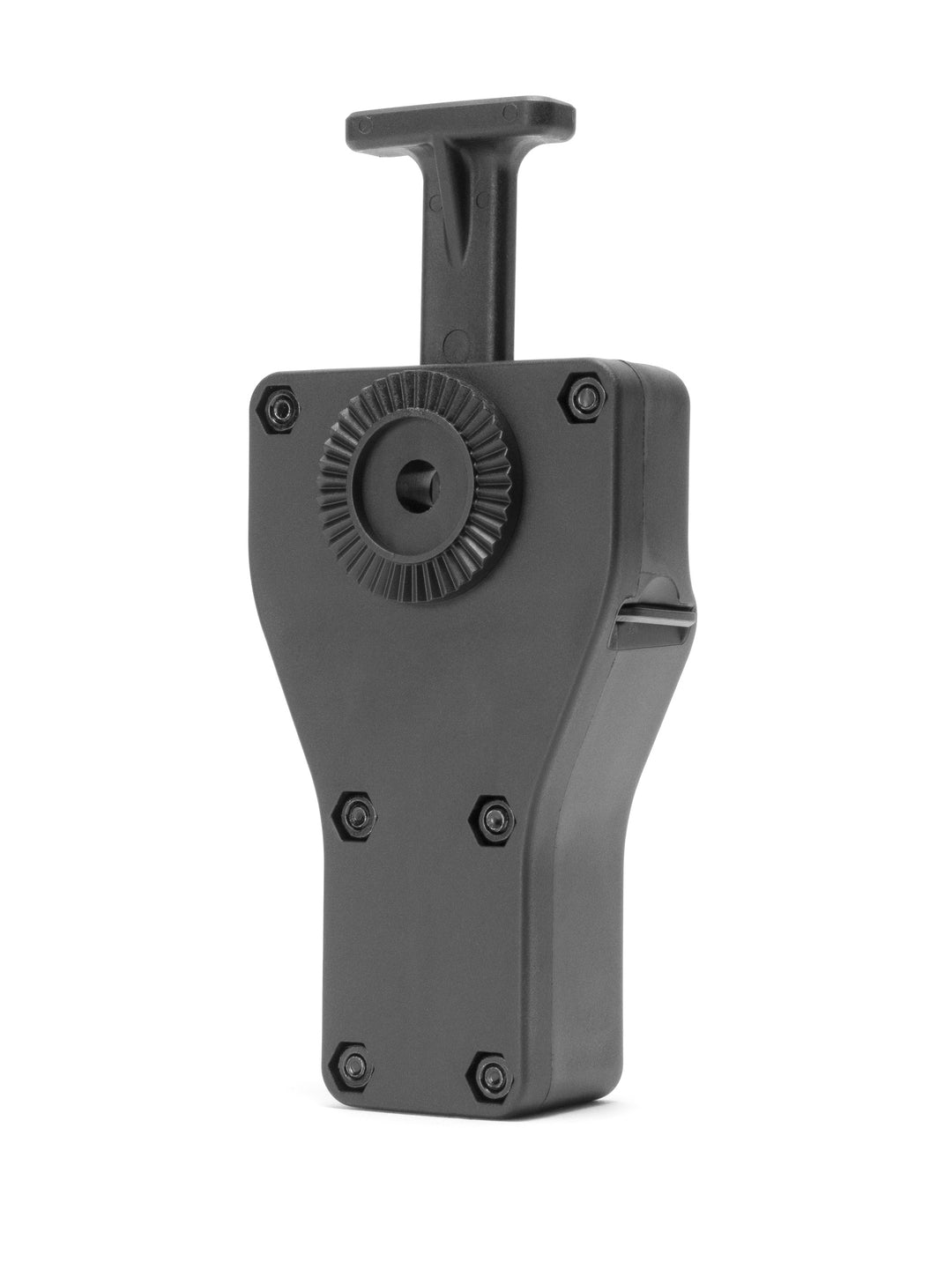 Back of the Novritsch open holster showing the toothed 360 degree rotation adjustment disc