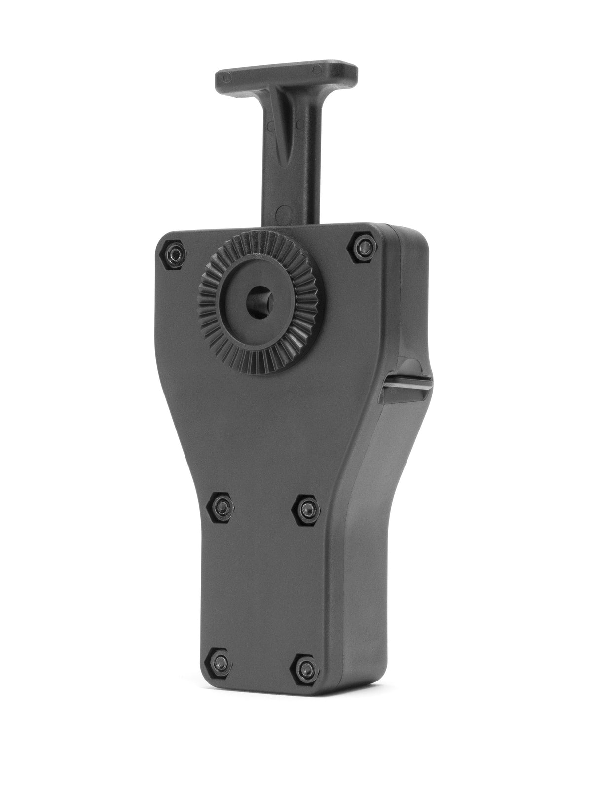 Back of the Novritsch open holster showing the toothed 360 degree rotation adjustment disc