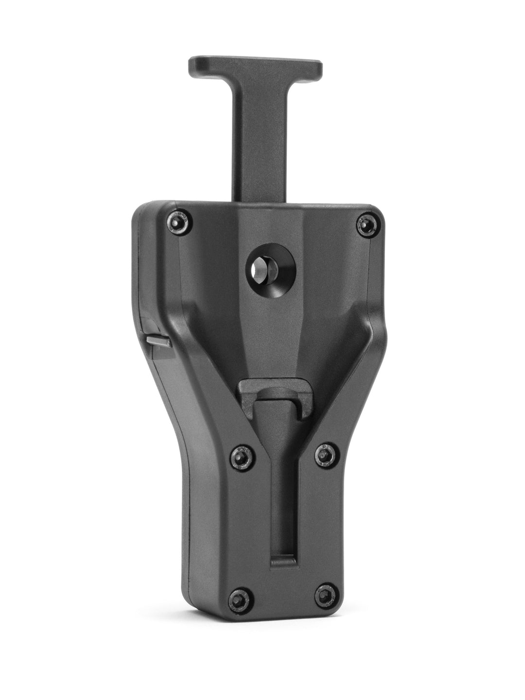 Front view of the black Novritsch Open Universal Holster with the 2mm hex key stored on top