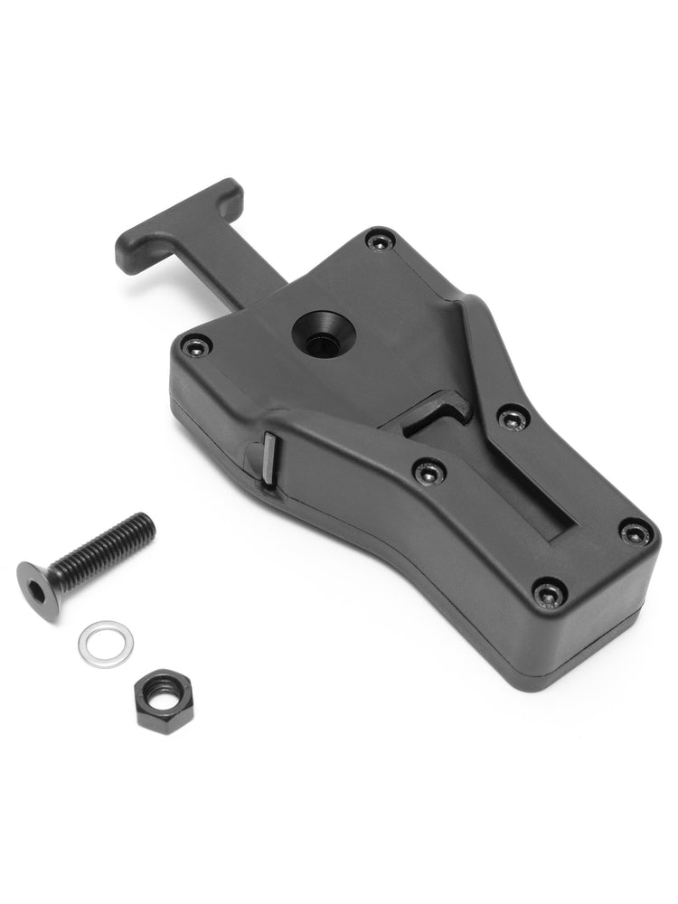 Open universal holster laid on its side with the included mounting screw, washers and nut