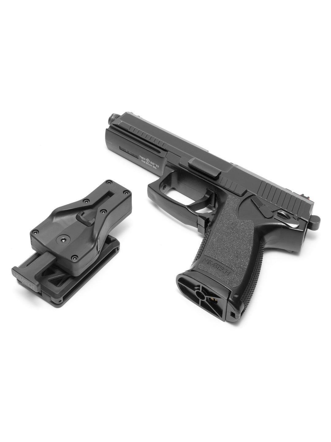 AAP-01 pistol with a red holster mount adapter shown next to the Novritsch open holster