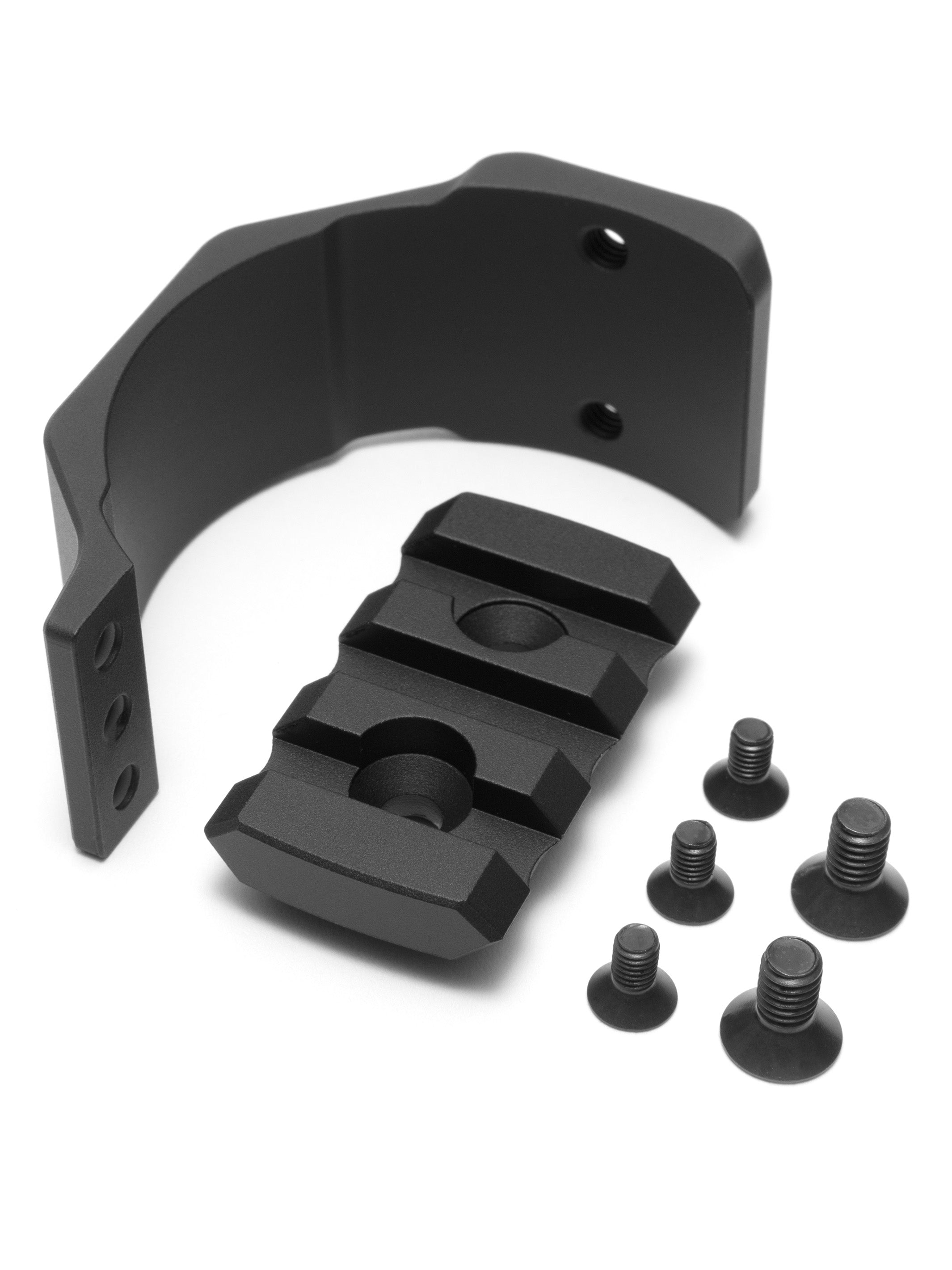 Top mount kit contents: CNC aluminum clamp, picatinny rail section and six mounting screws