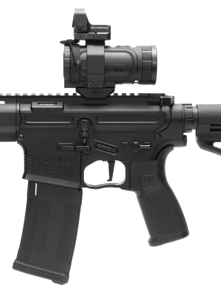 Vector Optics red dot mounted on top of a Guide thermal monocular on an SSR-4 airsoft rifle