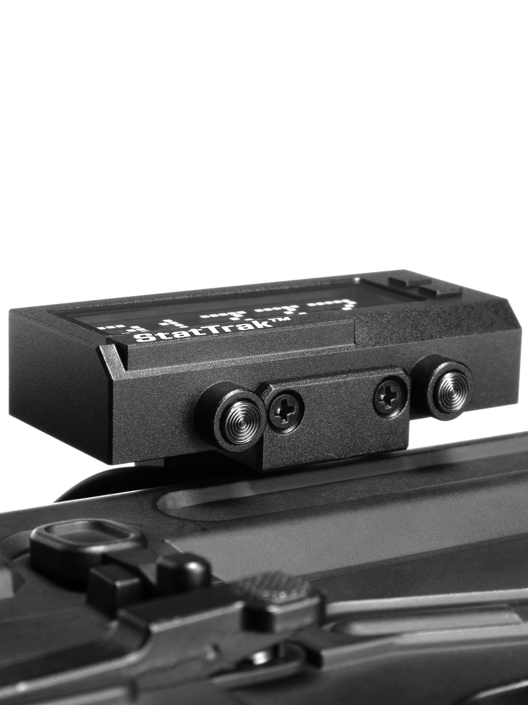 Close up of buttons on real life StatTrak hit counter and mounting mechanism.