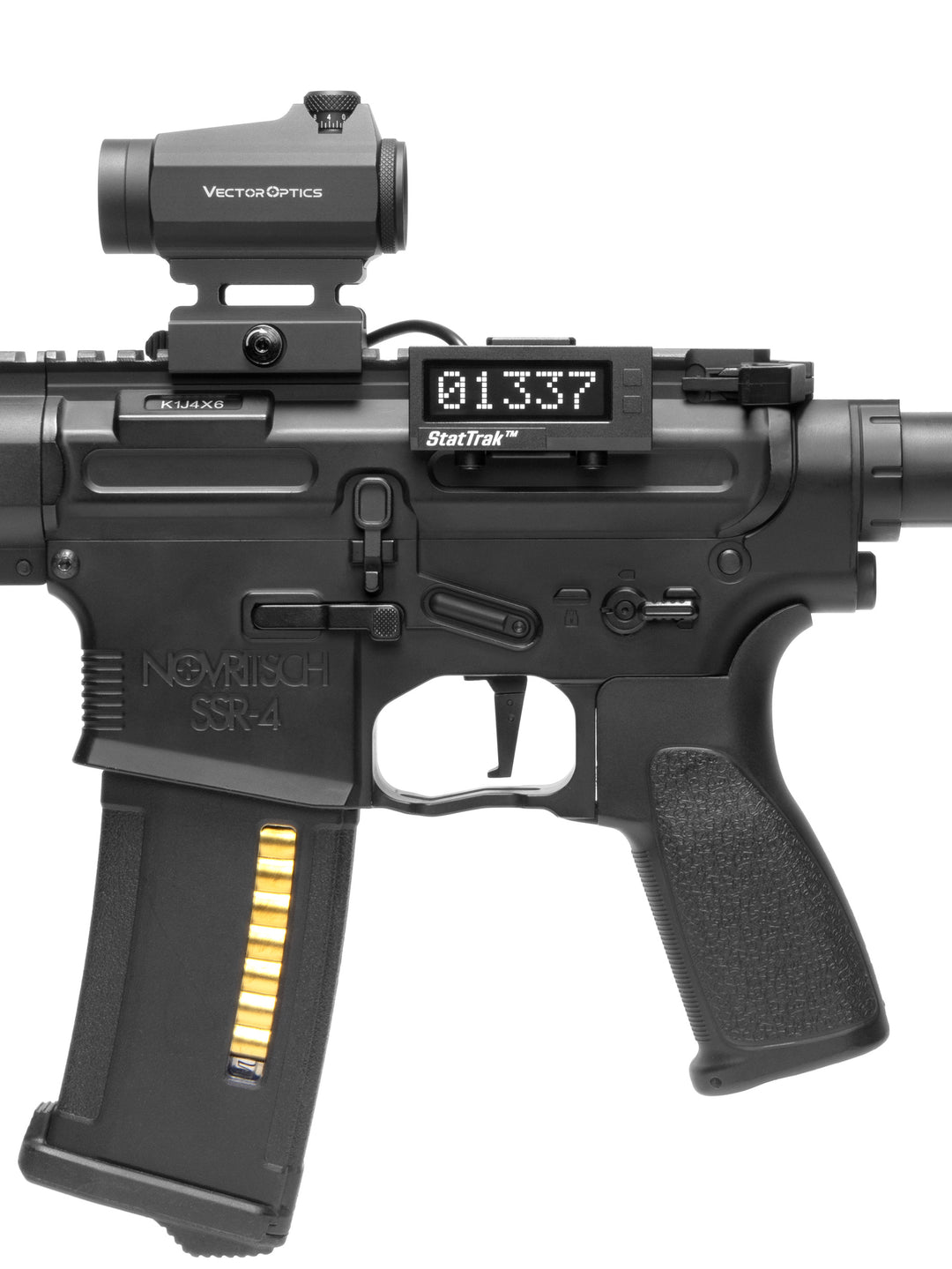 Real life StatTrak hit counter mounted on a standard M4 airsoft replica using picatinny rail mount