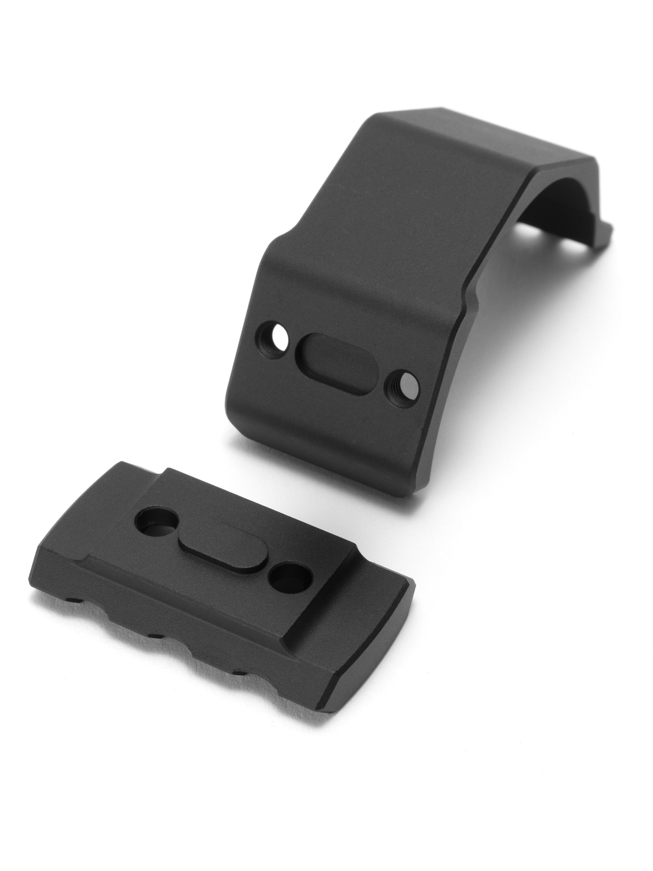 Curved aluminum clamp bracket and picatinny rail plate included with the top mount