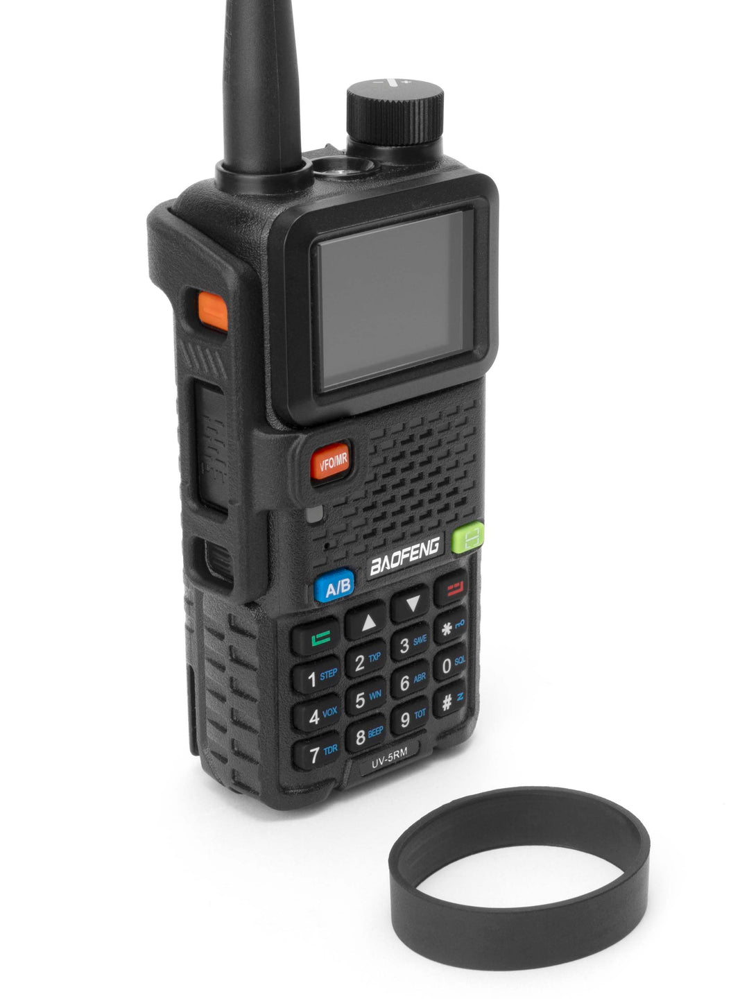 Baofeng UV-5RM radio with PTT guard installed