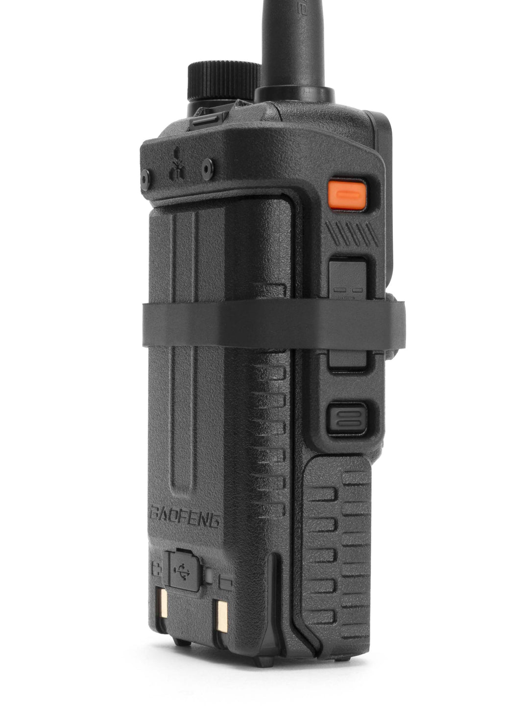 UV-5RM radio with PTT blocker installed and volume dial upgrade