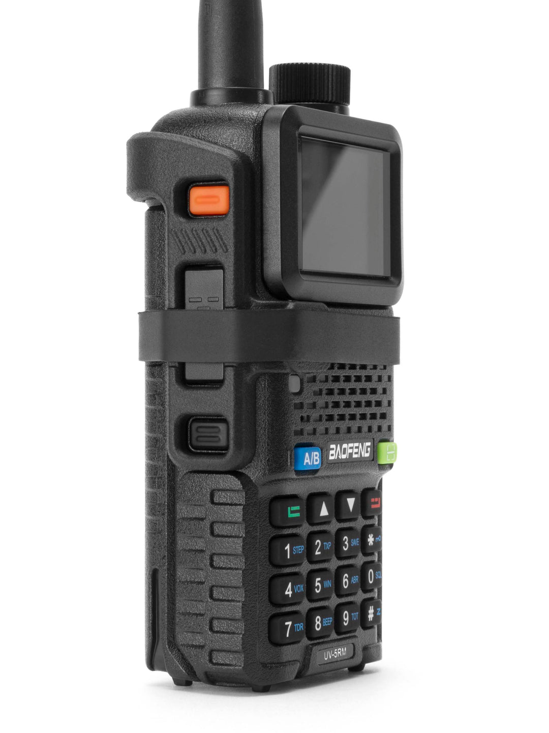 Baofeng UV-5RM with PTT guard installed and volume dial with o-ring
