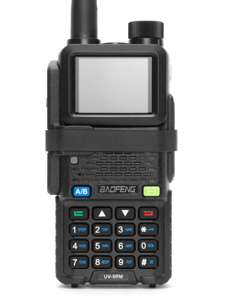 Baofeng UV-5RM with PTT blocker installed and volume dial with o-ring